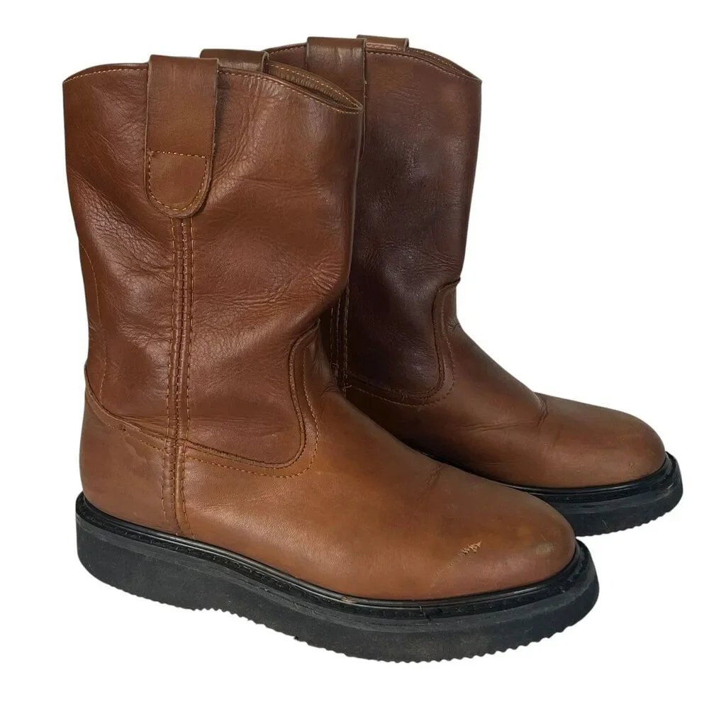Mens Brown Leather Pull On Work Boots Thick Sole Western Style Size 7.5